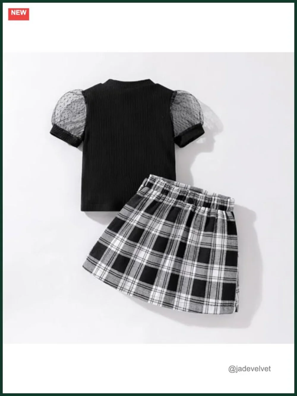 Skirt Sets Puff Sleeves T-shirt and Plaid Skirts 2 Piece Outfit Short Sleeve